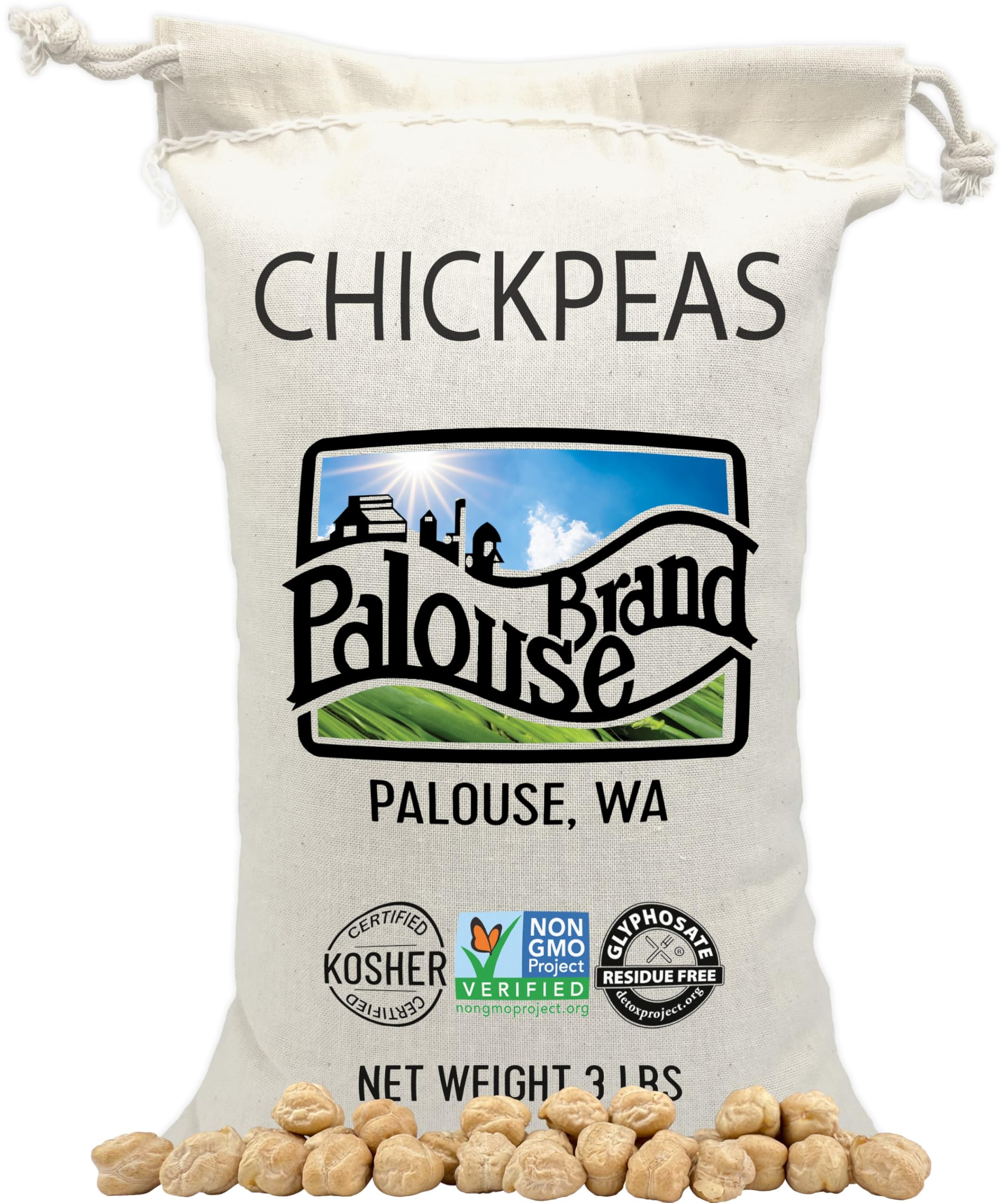 Palouse Brand chickpeas 3lb pack ready for pantry storage.