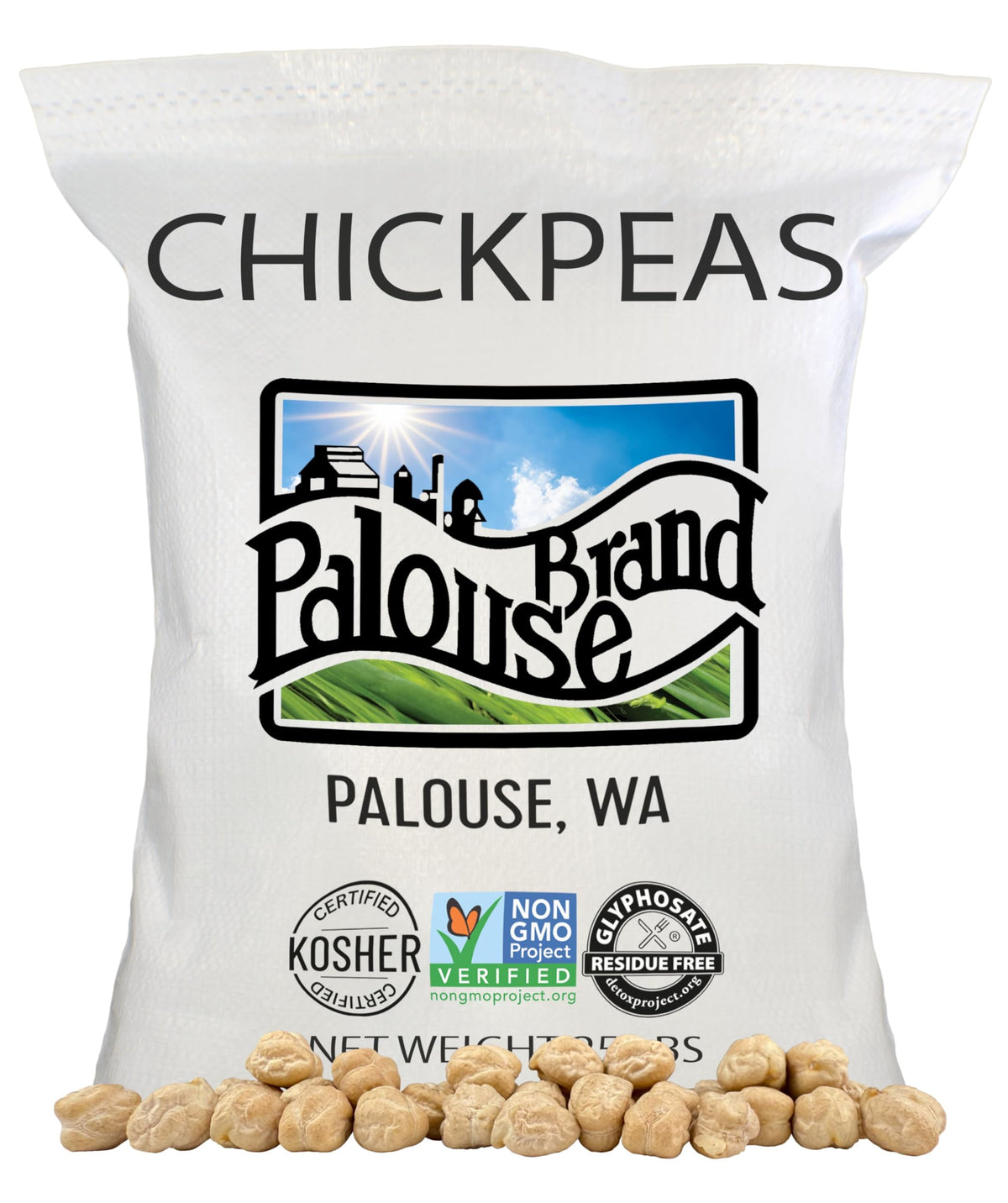 Palouse Brand chickpeas bag label highlights glyphosate residue-free certification for safe pantry staples.