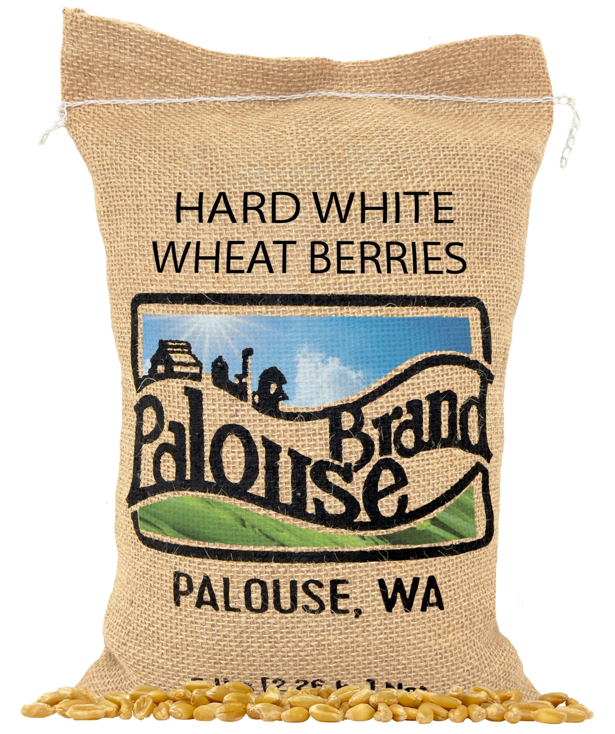 Palouse Brand glyphosate-free hard white wheat berries in a bag for pantry storage.