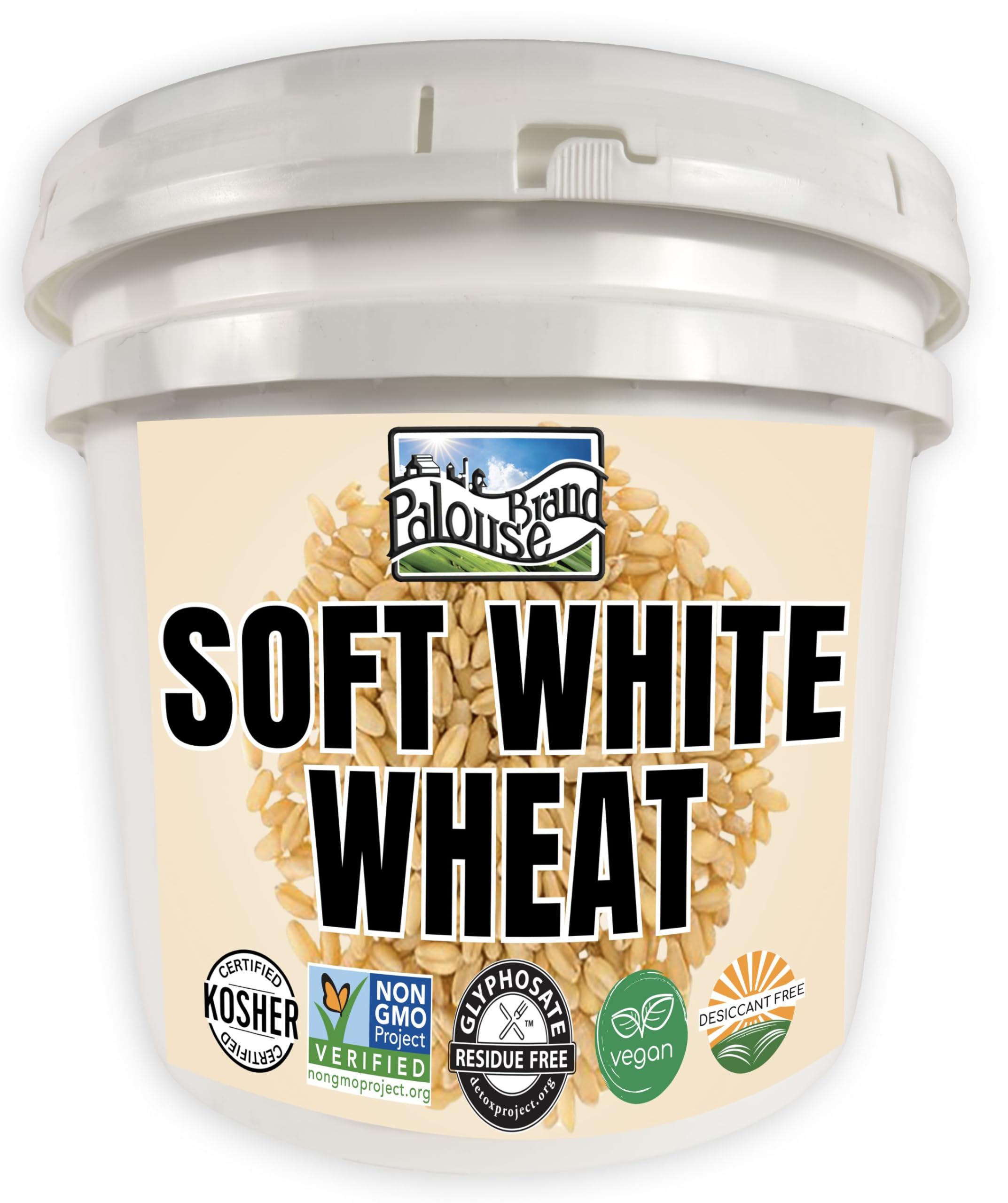 Palouse Brand glyphosate-free wheat berries bucket for long-term storage.