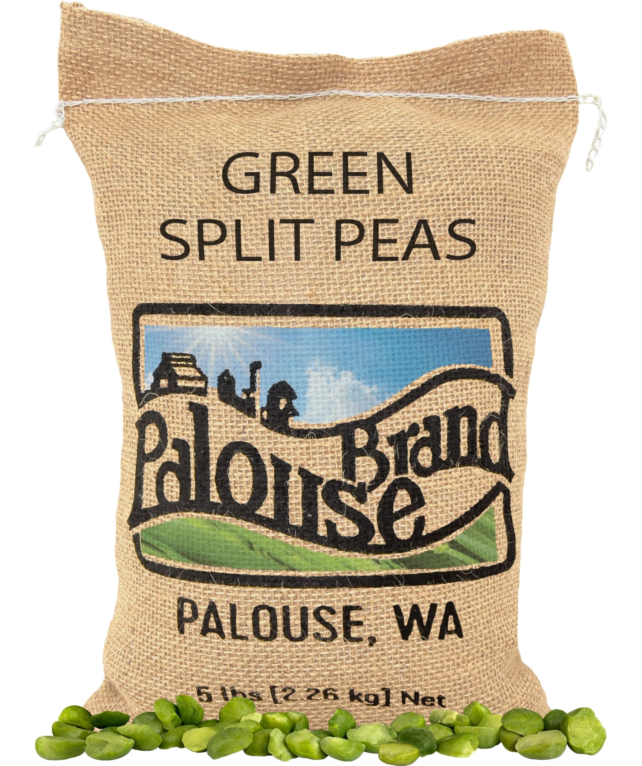 Palouse Brand green split peas in a bag, ideal for hearty soups and stews.