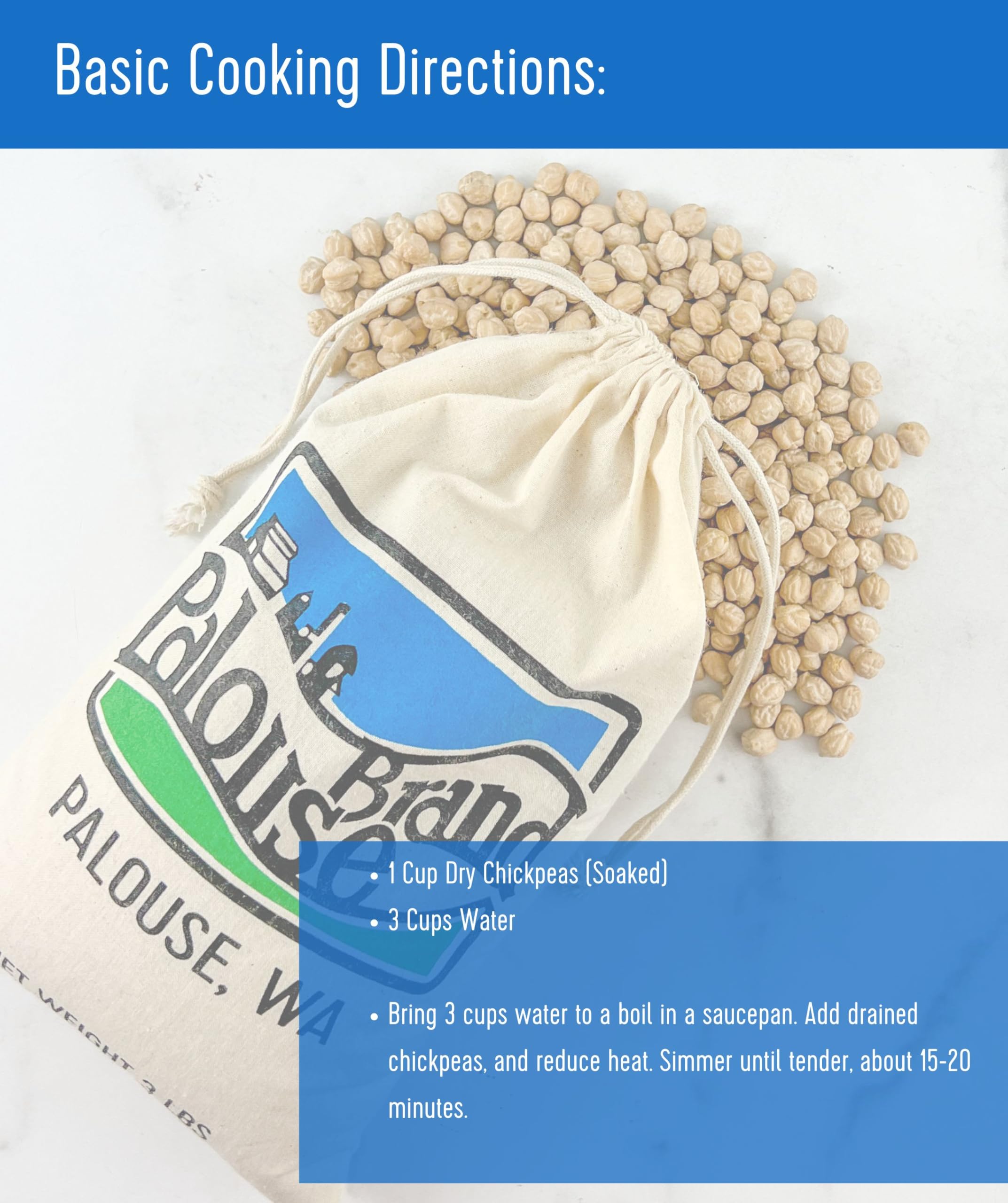 Palouse Brand grocery shelf display showing bulk-packaged chickpeas for home pantries.
