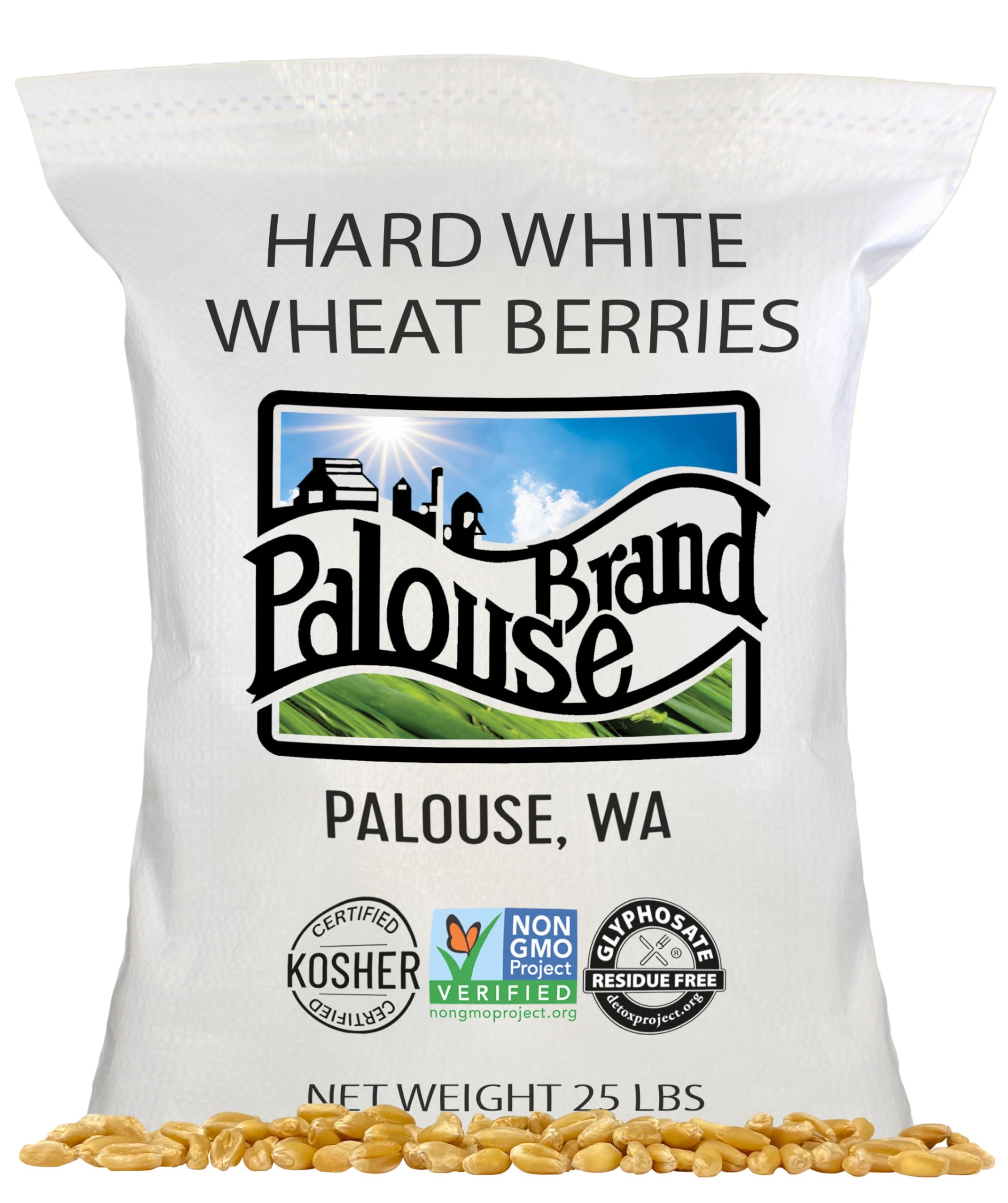 Palouse Brand hard white wheat berries in a 25 lb pack for bulk storage and meal planning.