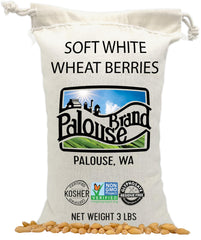 Palouse Brand soft white wheat berries in a sealed package for long-term pantry storage.