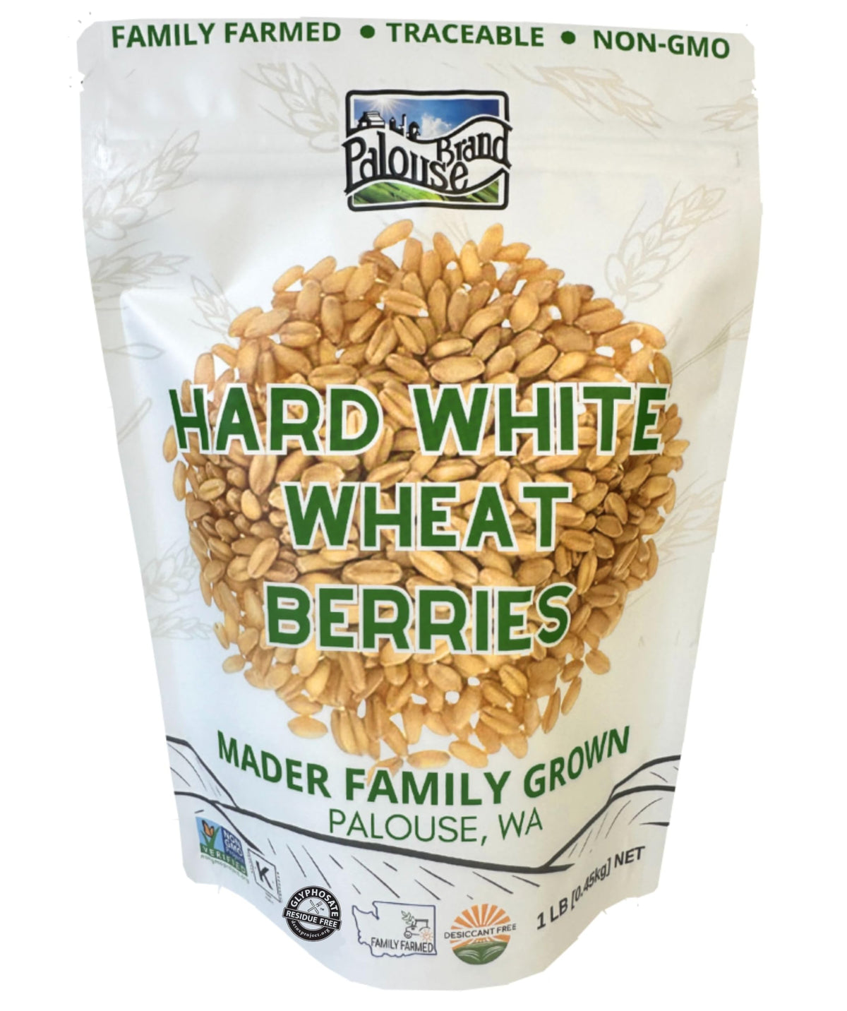 Palouse Brand wheat berries in a 1 lb pouch ready for pantry storage and meal prep.