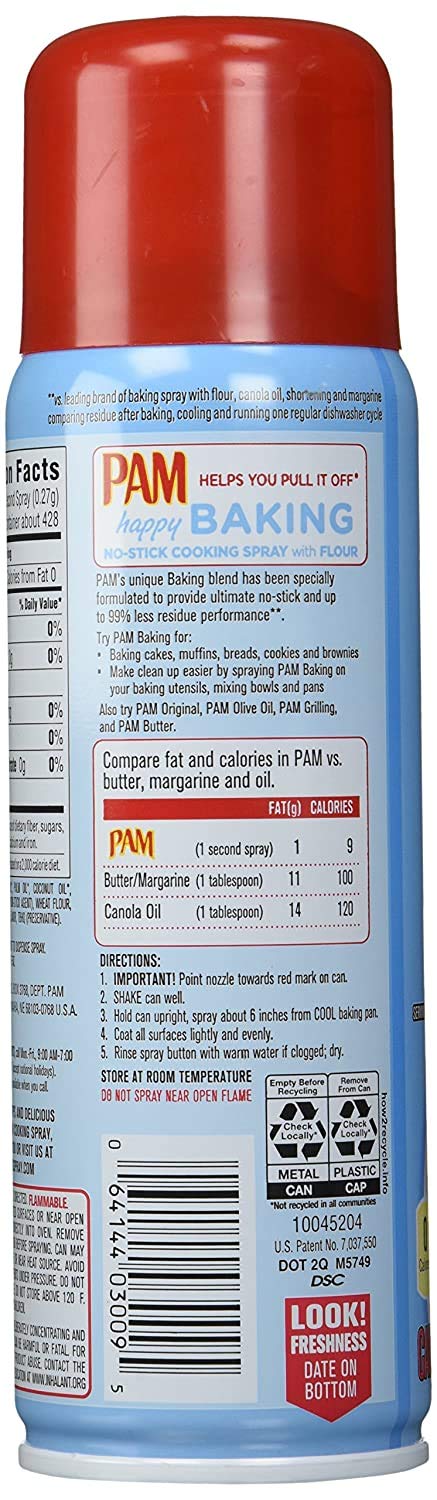 PAM Baking Spray label highlighting flour blend and ingredients