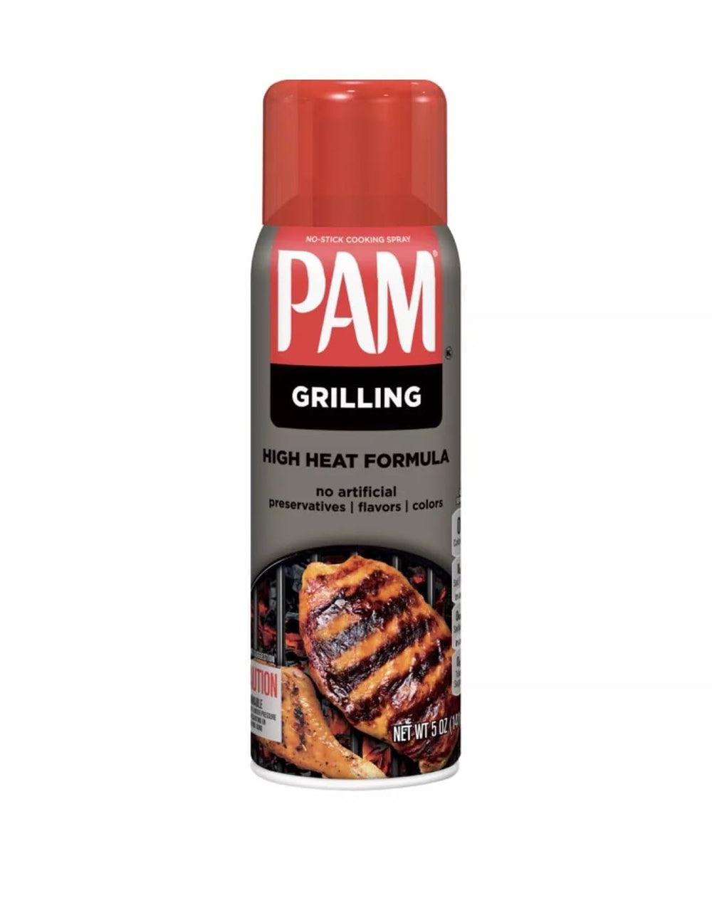 PAM Grilling No-Stick spray can close-up for easy high-heat application.