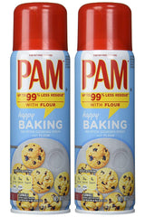 PAM No-Stick Baking Spray with Flour bottle showing even release for cakes and muffins