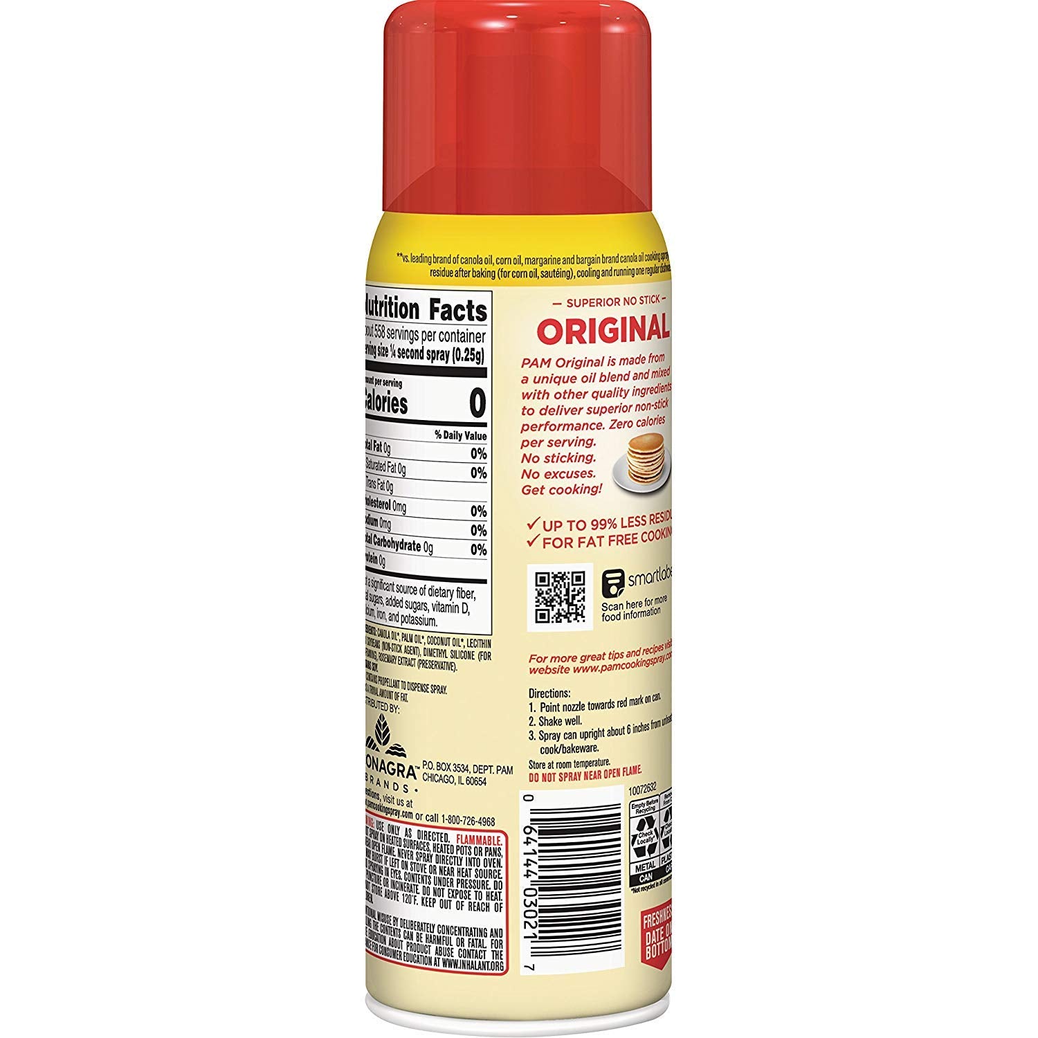 PAM No-Stick spray nozzle close-up, promotes even coverage and prevents sticking during grilling or frying.