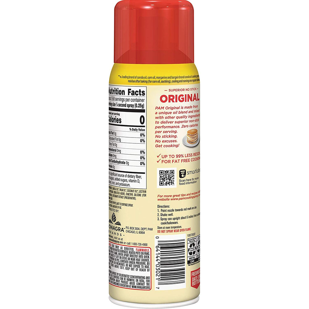 PAM No-Stick spray nozzle close-up, promotes even coverage and prevents sticking during grilling or frying.