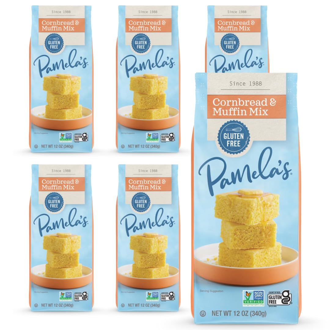 Pamela's gluten-free cornbread mix box, pack of six, ready for wholesome baking