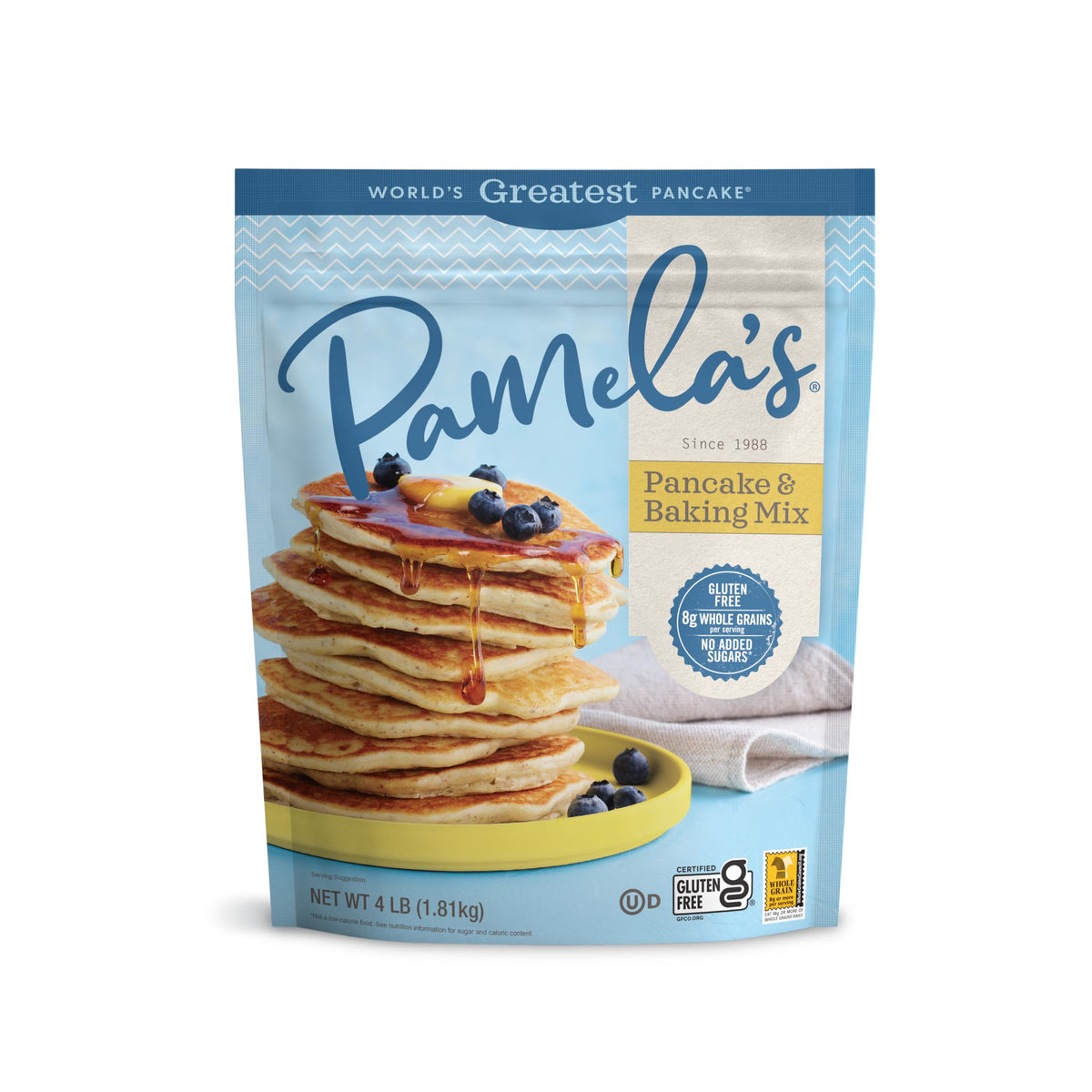 Pamela's gluten-free baking mix box front, perfect for quick, family-friendly baking.