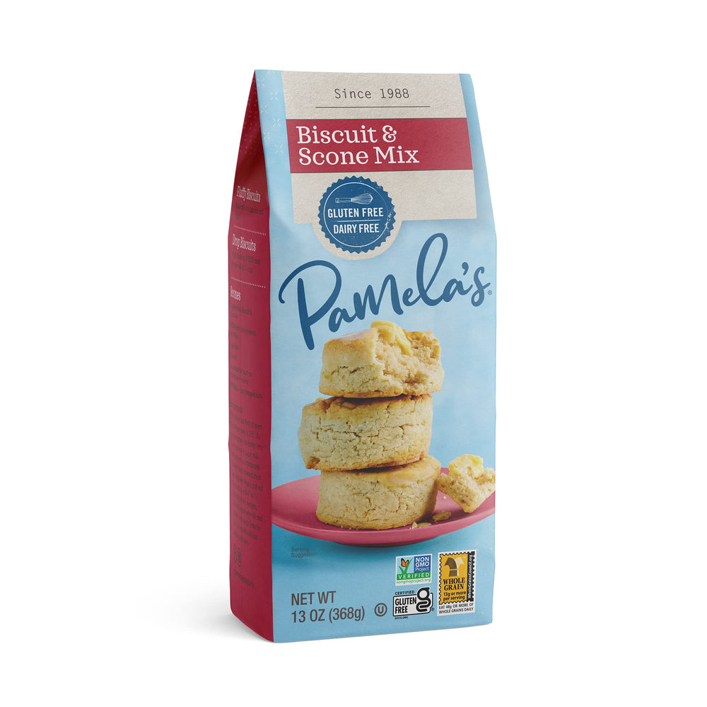 Pamela's Gluten Free Biscuit and Scone Mix package closeup highlighting GFCO certification.