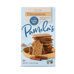 Pamela's gluten-free cinnamon graham crackers box front showing packaging for gluten-free snacking