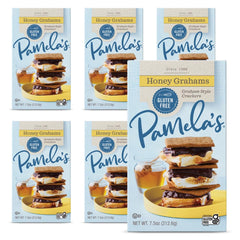 Pamela's Traditional Honey Grahams pack shot highlighting gluten-free family-friendly snack.
