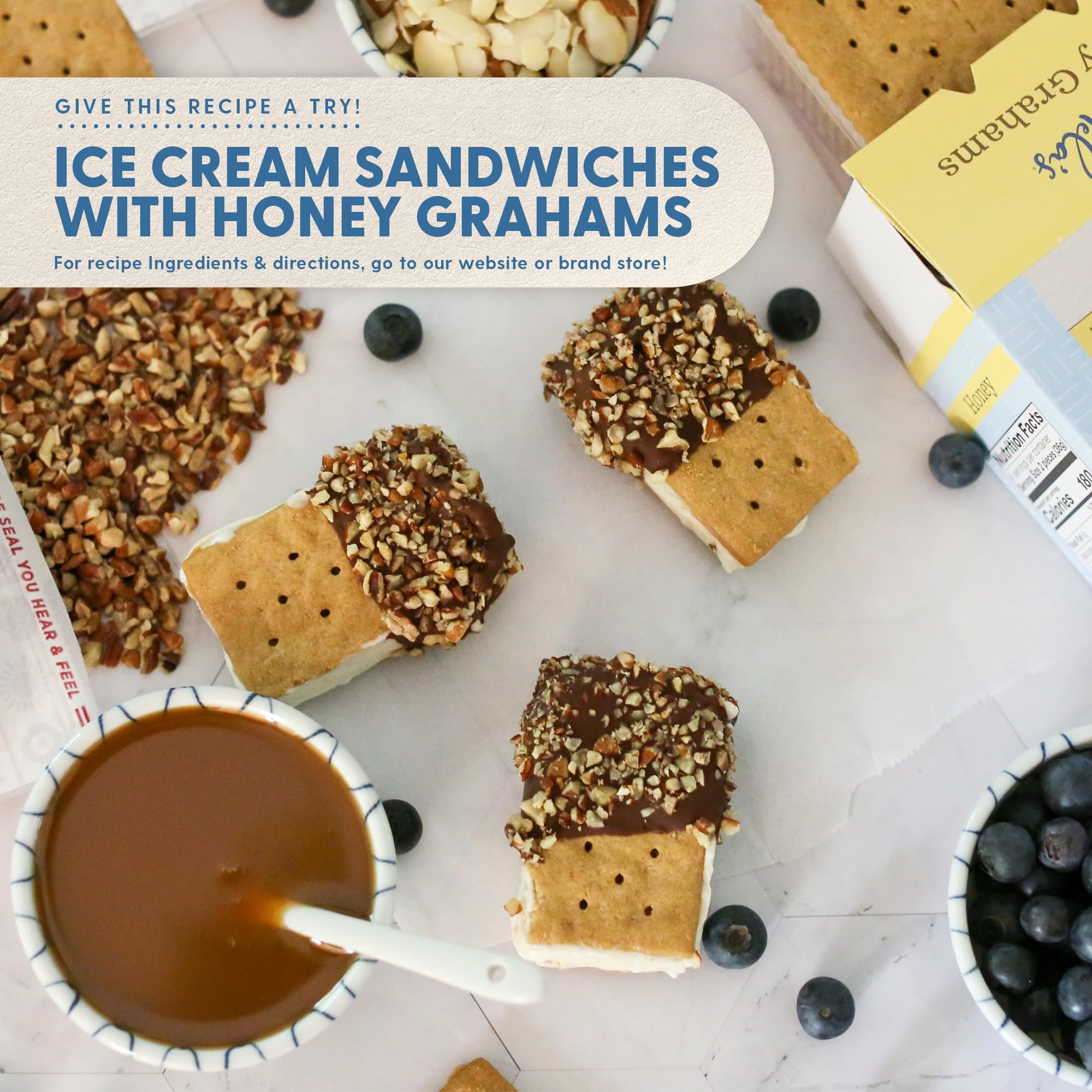 Serving plate with Pamela's Honey Grahams paired with fruit and dairy-free spread.