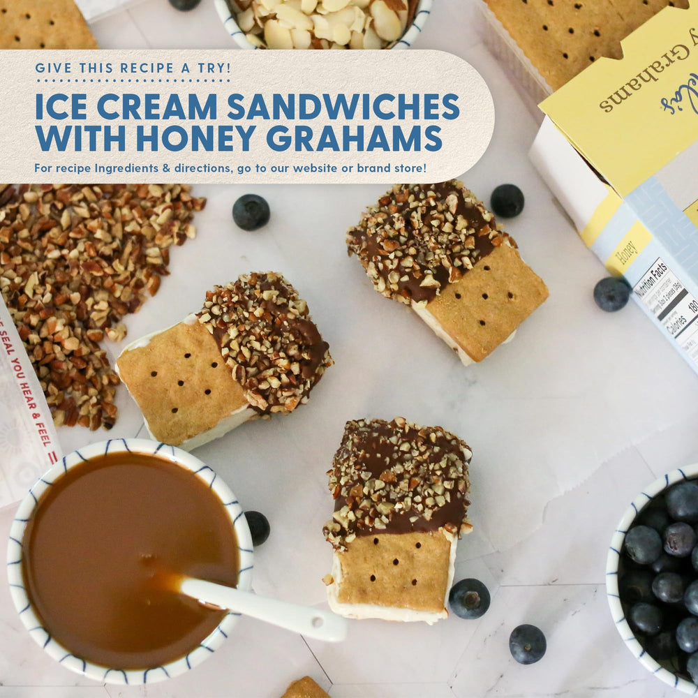 Serving plate with Pamela's Honey Grahams paired with fruit and dairy-free spread.