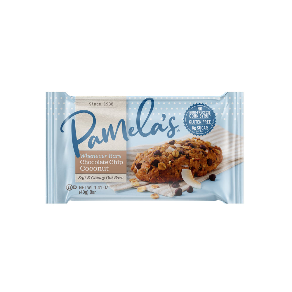 Pamela's Whenever Bars wrapper emphasizing gluten-free status for mindful snacking.