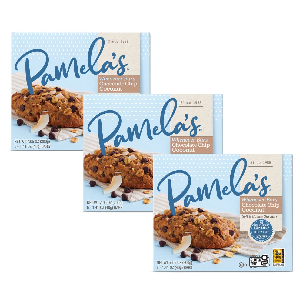 Pamela's Whenever Bars packaging front showing a gluten-free, convenient snack.