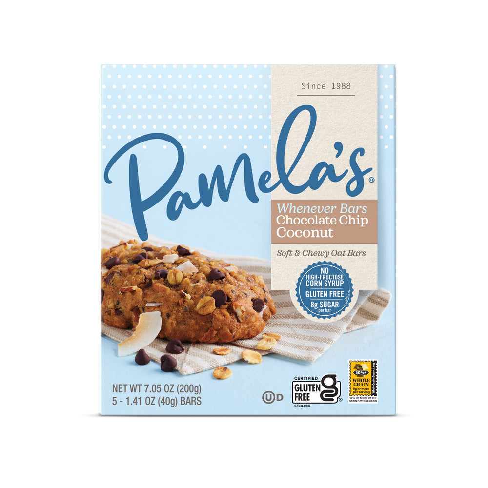 Pamela's Whenever Bars five-bar pack on store shelf for quick energy.