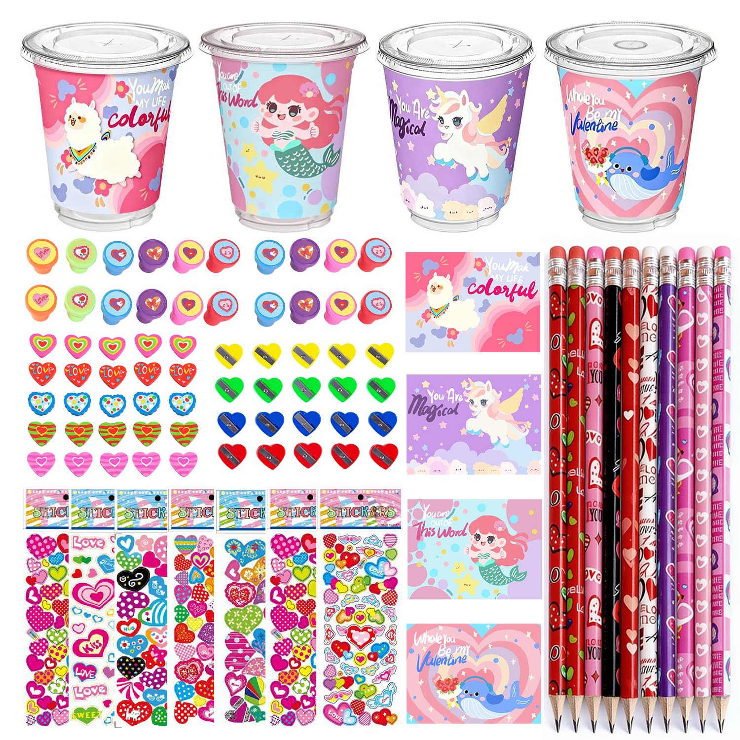 PAMMYAN Valentines stationery set box with colorful items for classroom use
