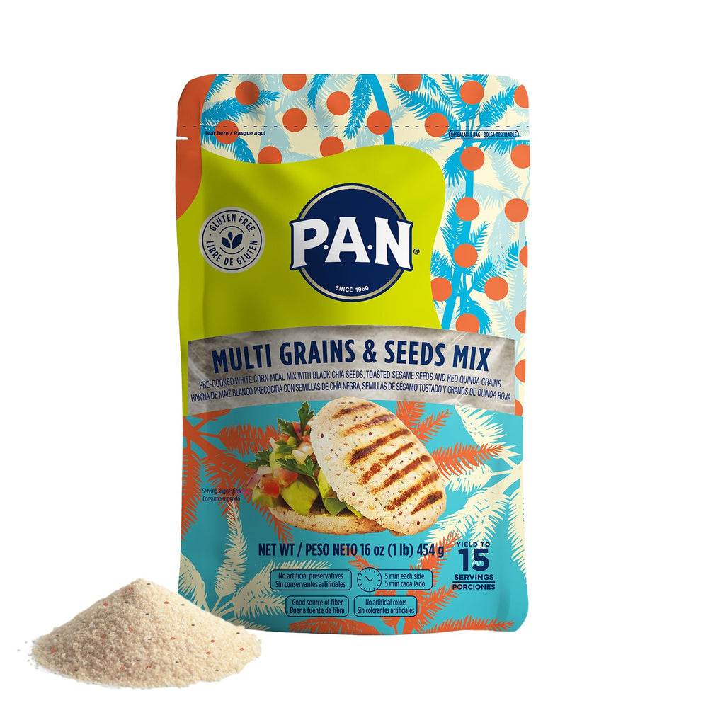 P.A.N. Multi Grains Seeds Mix packaging shows premium gluten-free white corn flour for arepas and more