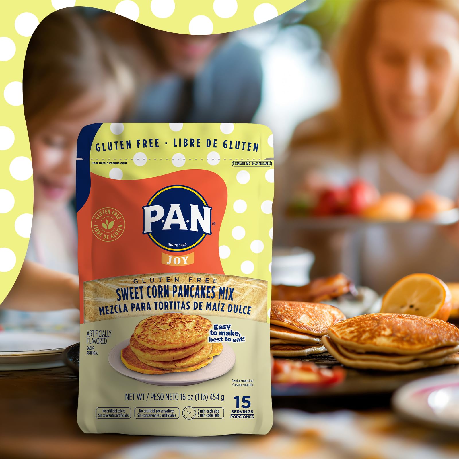 P.A.N Sweet Corn Pancakes Mix bowl-and-spoon demonstrates simple prep and toppings ideas.