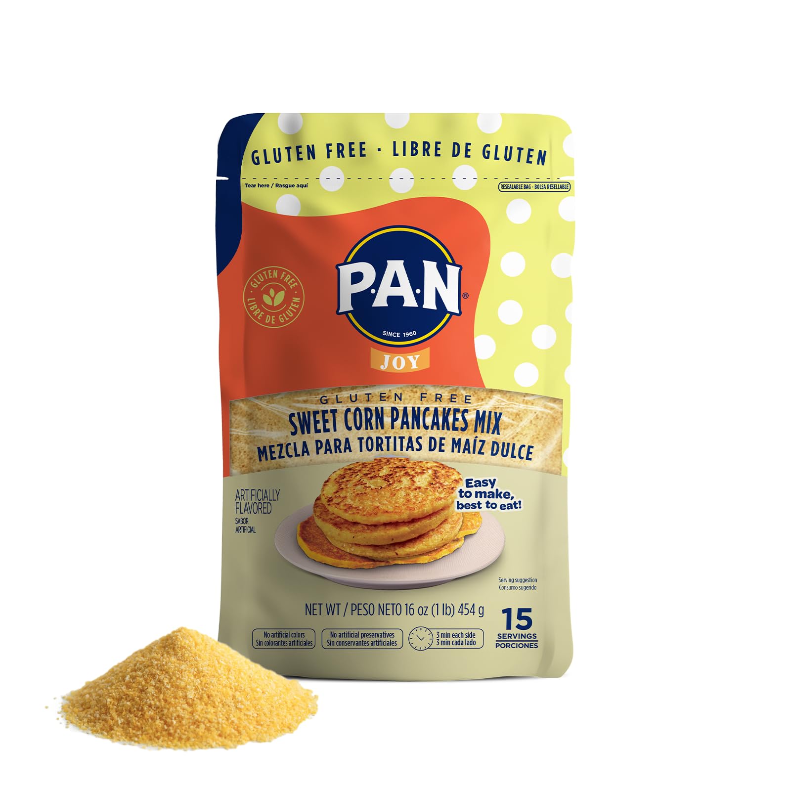 P.A.N Sweet Corn Pancakes Mix box highlighting a gluten-free breakfast option.