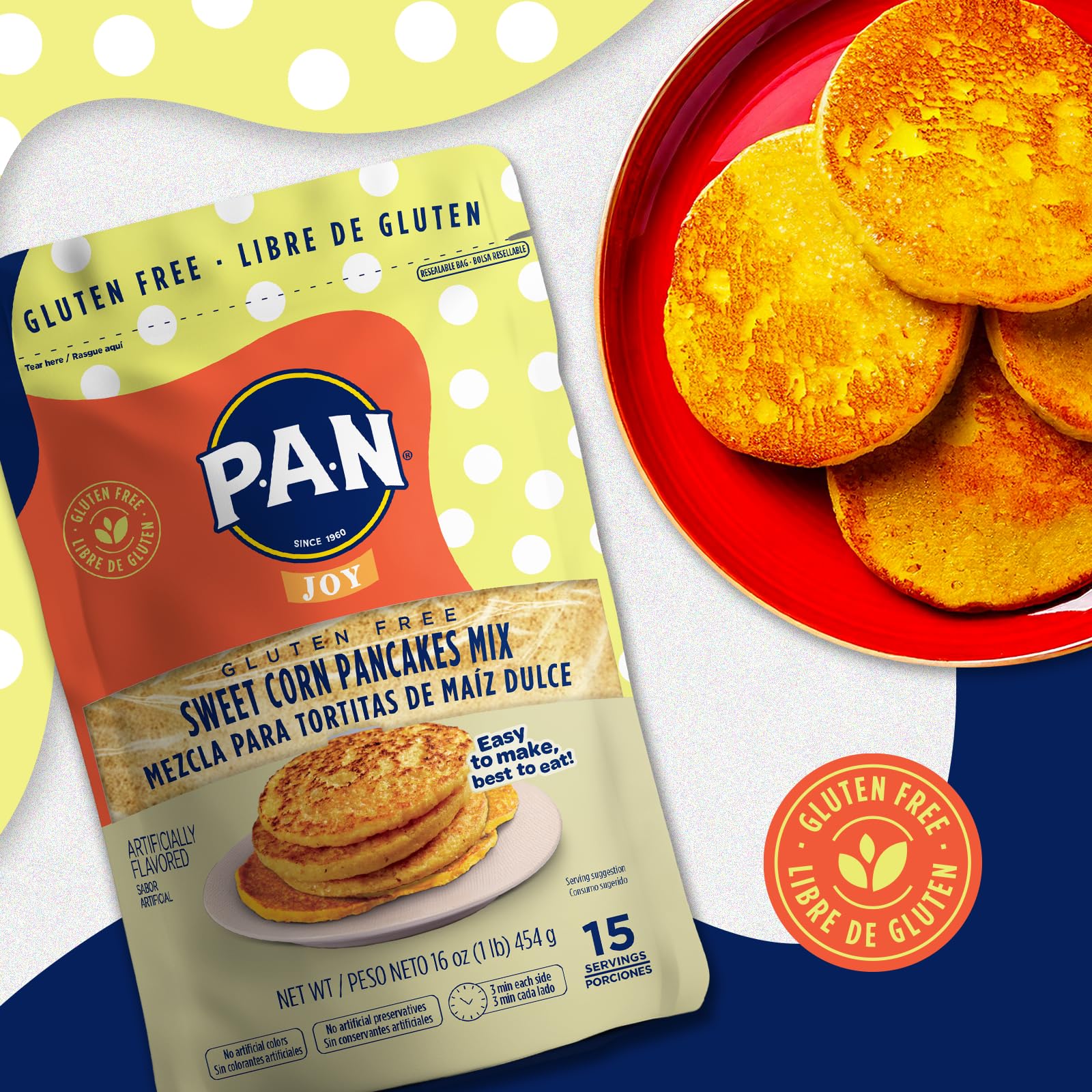 P.A.N Sweet Corn Pancakes Mix gluten-free box emphasizes US-made quality.