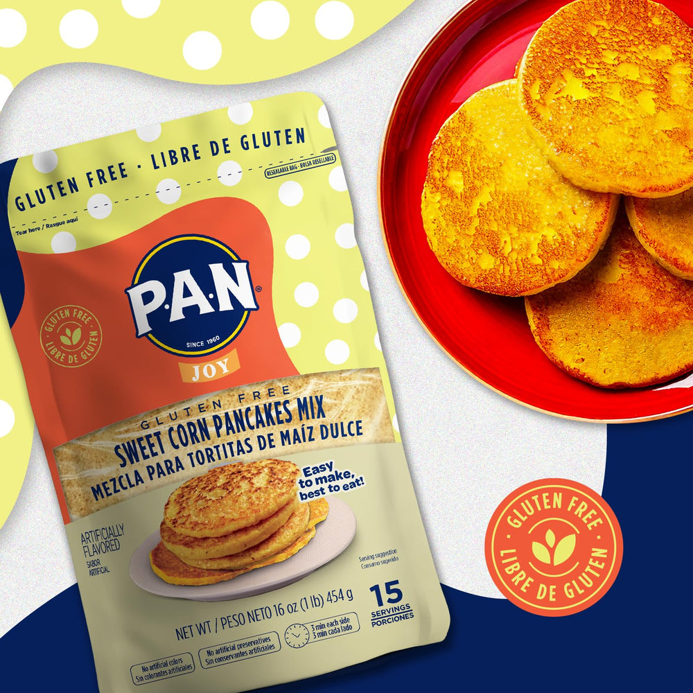 P.A.N Sweet Corn Pancakes Mix gluten-free box emphasizes US-made quality.