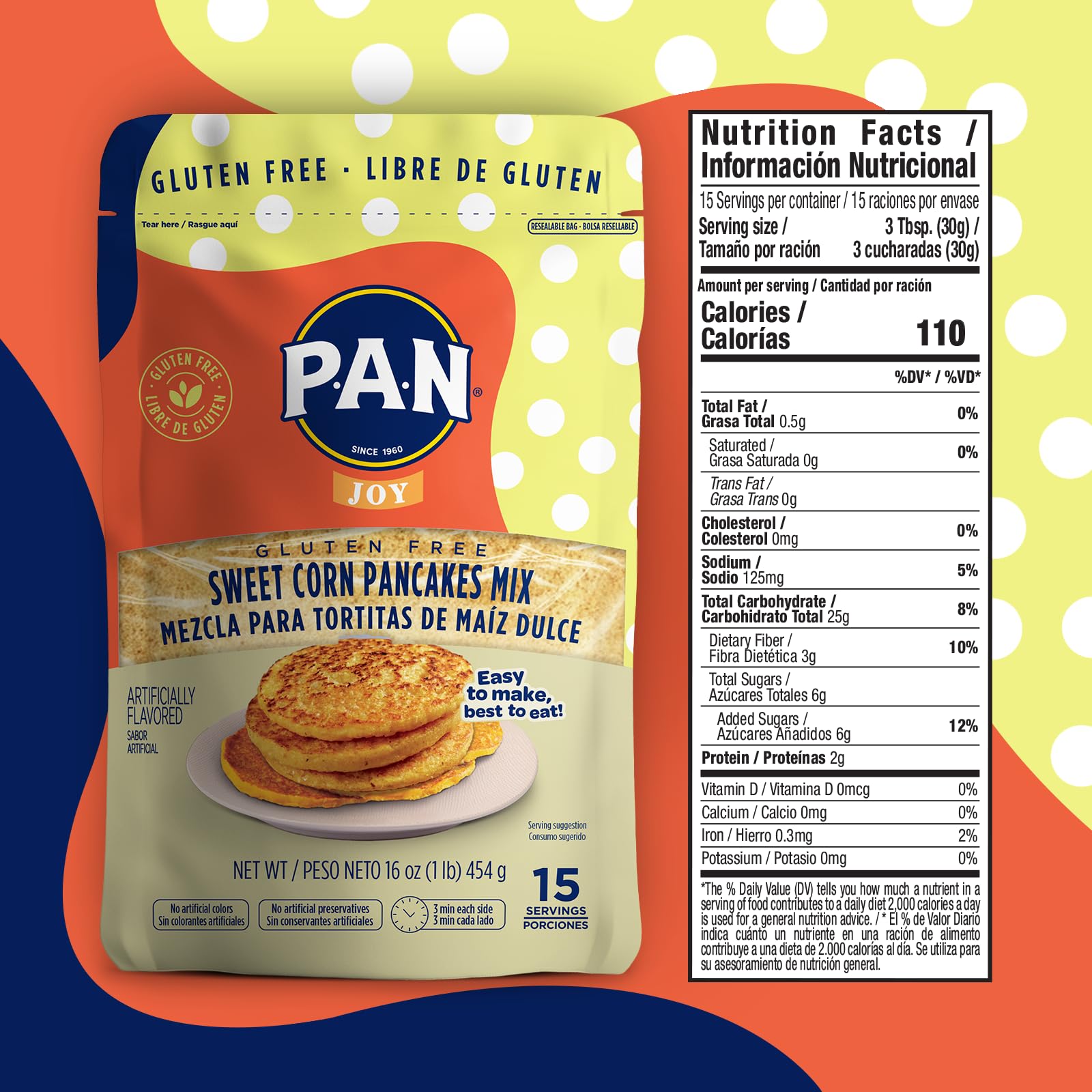 P.A.N Sweet Corn Pancakes Mix packaging-foil showcases easy storage and freshness.