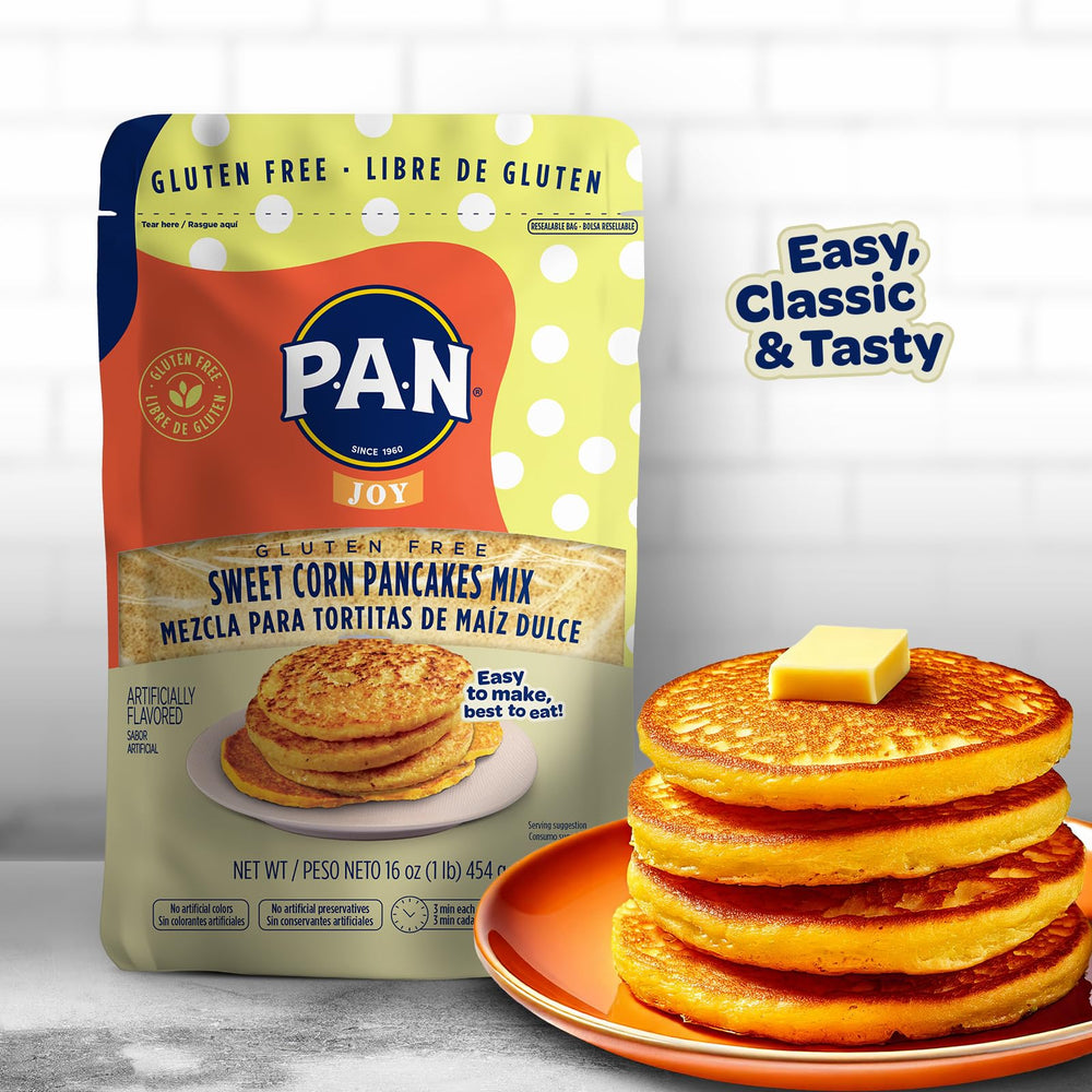 P.A.N Sweet Corn Pancakes Mix plated-pancakes shows fluffy texture in servings.