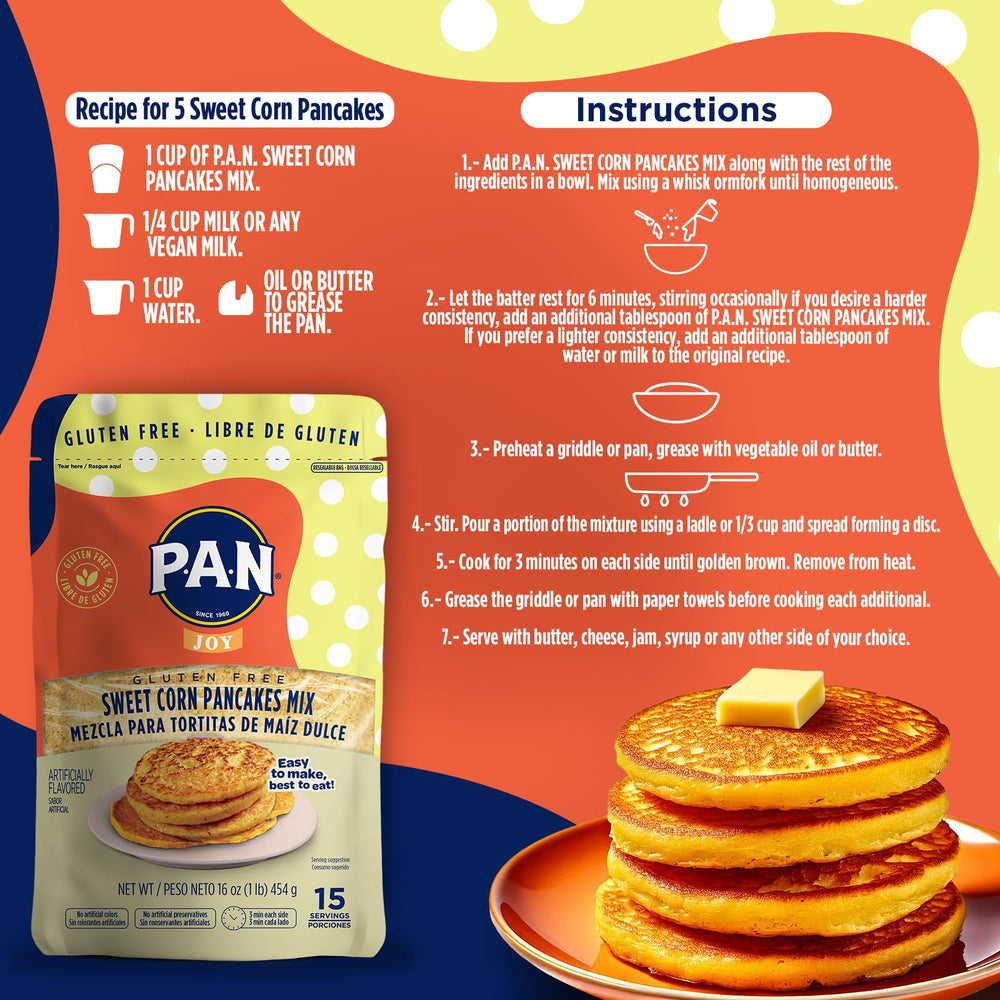 P.A.N Sweet Corn Pancakes Mix ready-to-prepare image hints quick weekend breakfasts.