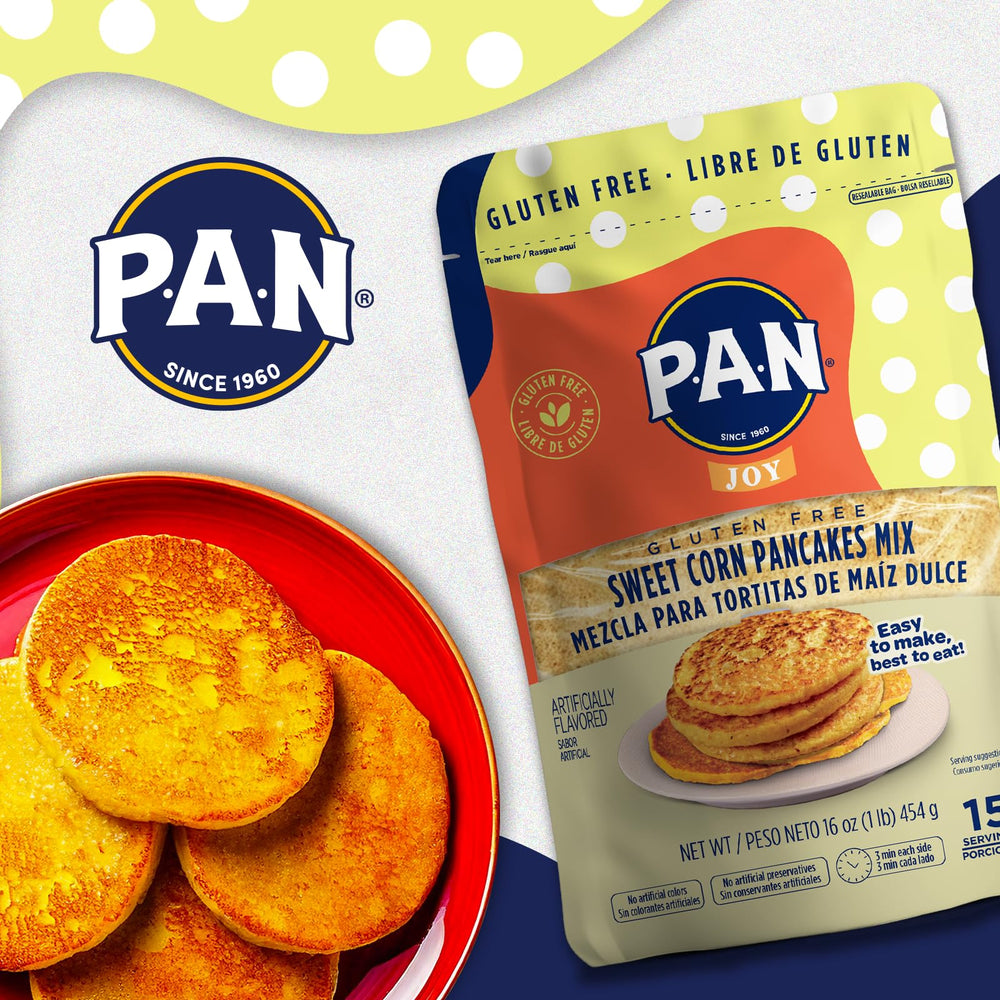 P.A.N Sweet Corn Pancakes Mix with syrup image suggests kid-friendly brunch.