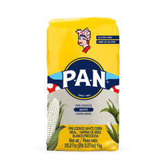 PAN white corn meal packaging shows a gluten-free staple for Latin cooking.