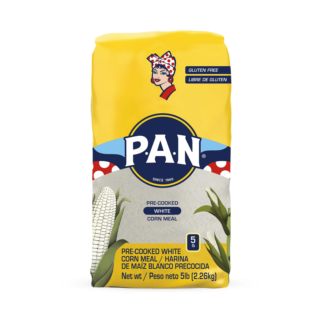 P.A.N. White Corn Meal packaging, convenient pre-cooked flour for quick arepas.