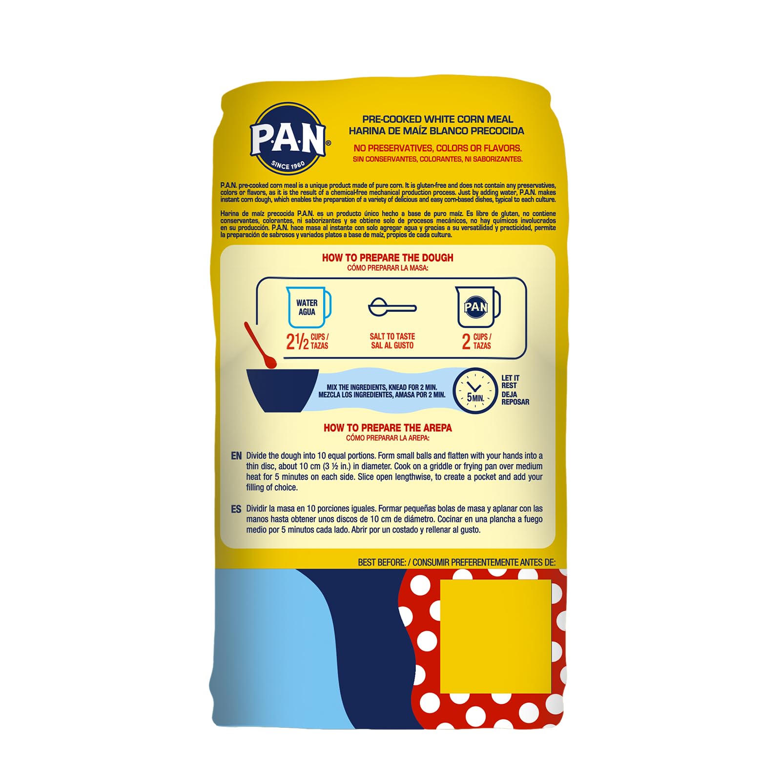P.A.N. dough-formation process showing quick dough from water for ready-made arepas.