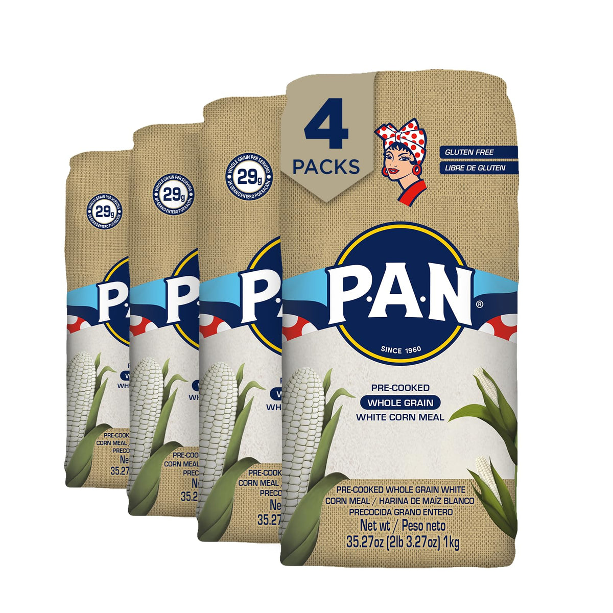 PAN Whole Grain White Corn Meal packaging with kosher and gluten-free labels for safe use
