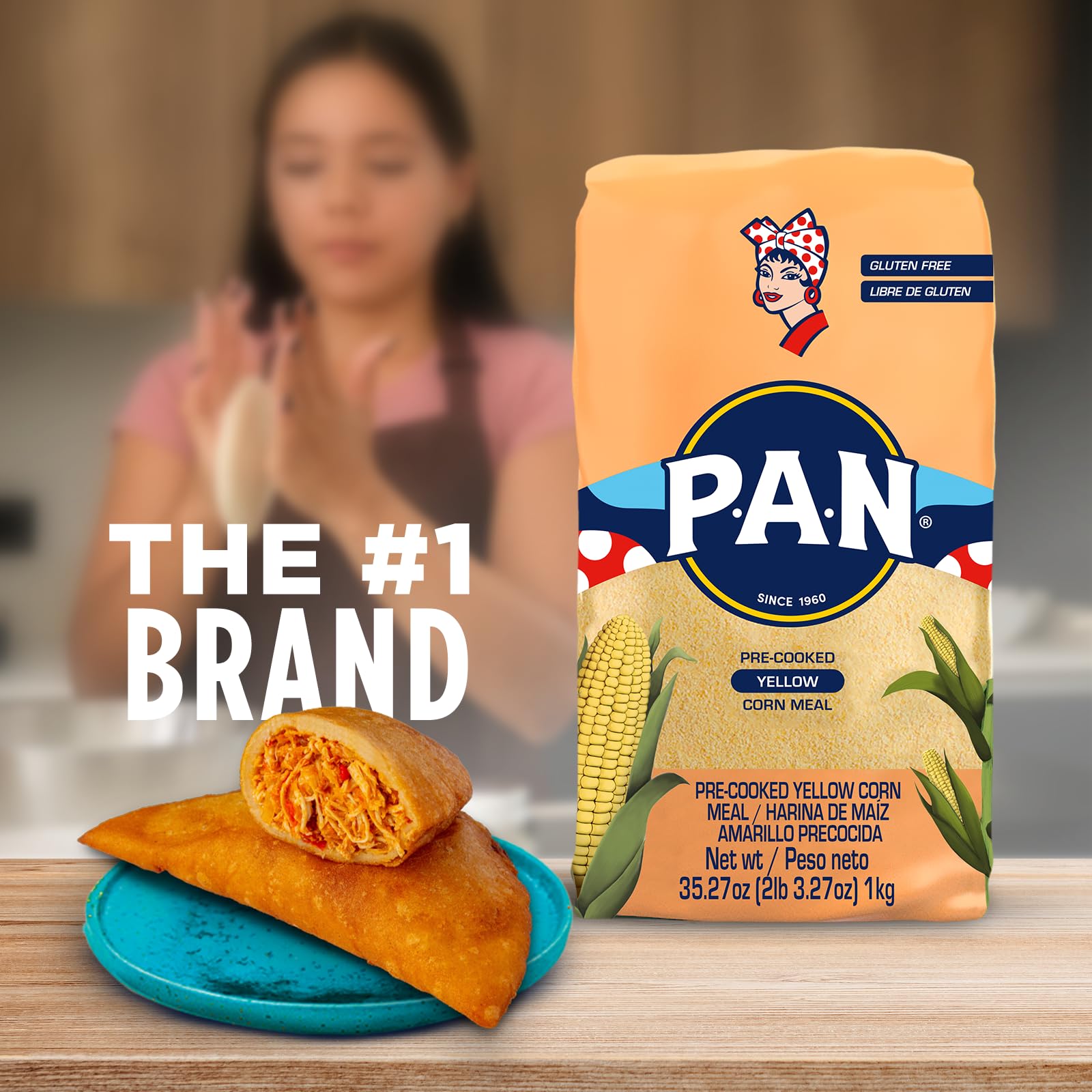 P.A.N. yellow corn meal packaging highlighting gluten free and kosher.