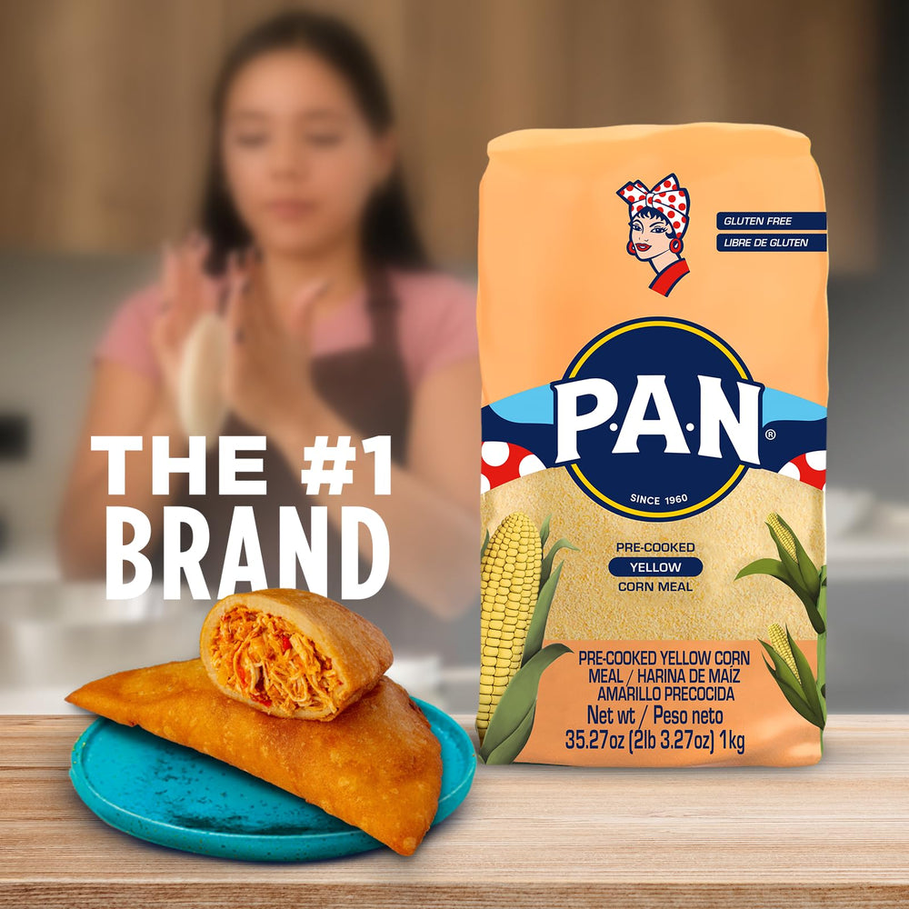 P.A.N. yellow corn meal packaging highlighting gluten free and kosher.
