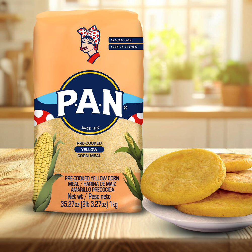 P.A.N. yellow corn meal kitchen setup for easy prep and storage.