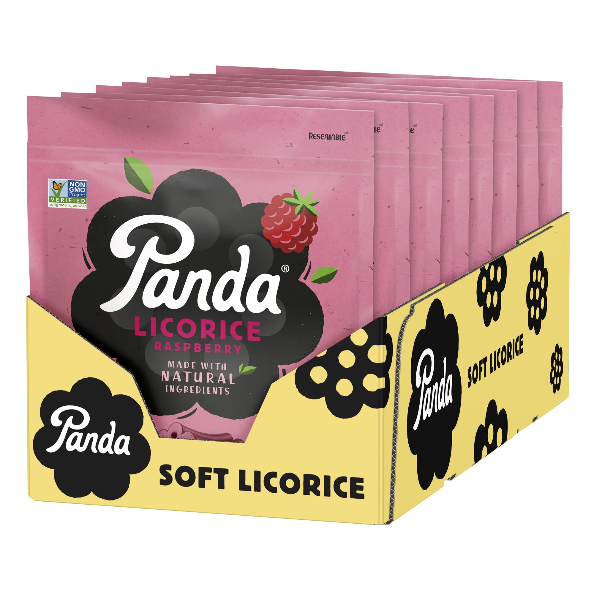 Panda Natural Raspberry Licorice pack in resealable bags for on-the-go snacking.