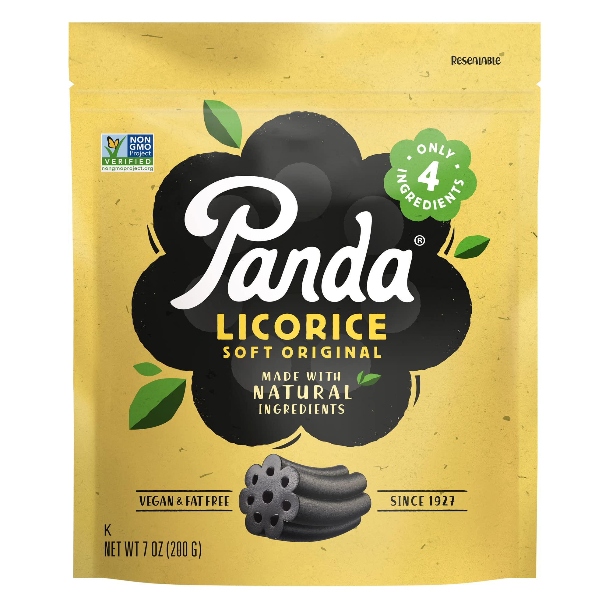 Panda Natural Soft Original Licorice pack front shows the four-ingredient formula for a simple snack.