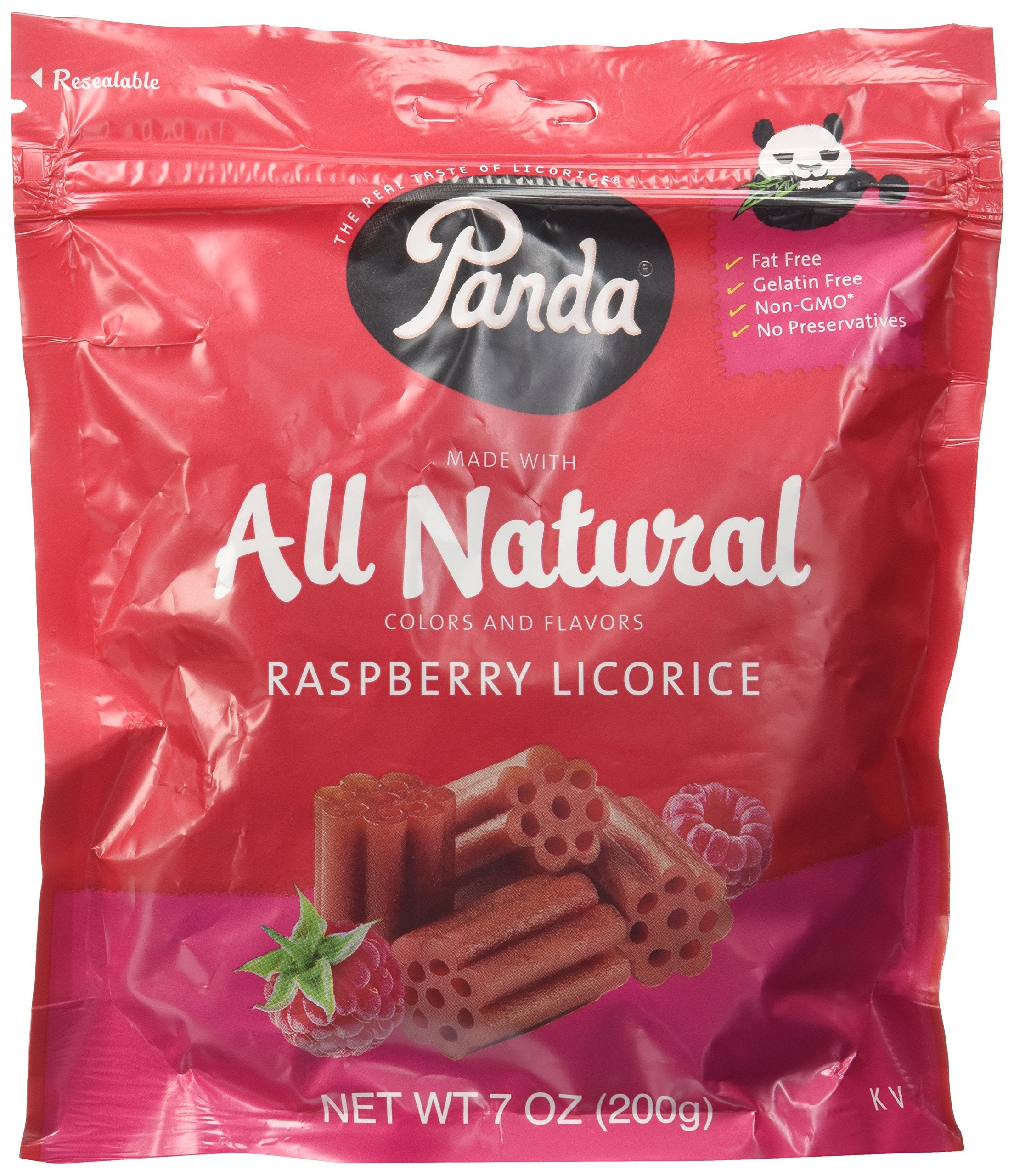 Panda Raspberry Licorice bag seal highlights freshness for snacking.