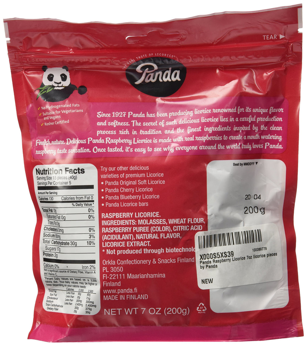 Panda Raspberry Licorice packaging close-up highlights natural ingredients.