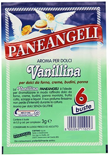 Paneangeli Vanillina vanilla flavor sachets closeup for rich dessert aroma.