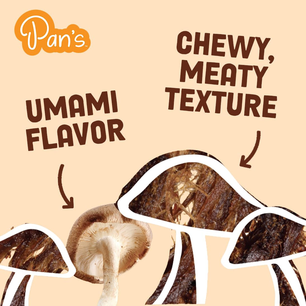 Pan's Mushroom Jerky dried shiitake texture close-up.