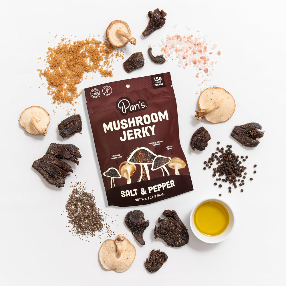 Pan's Mushroom Jerky high-fiber texture close-up in view