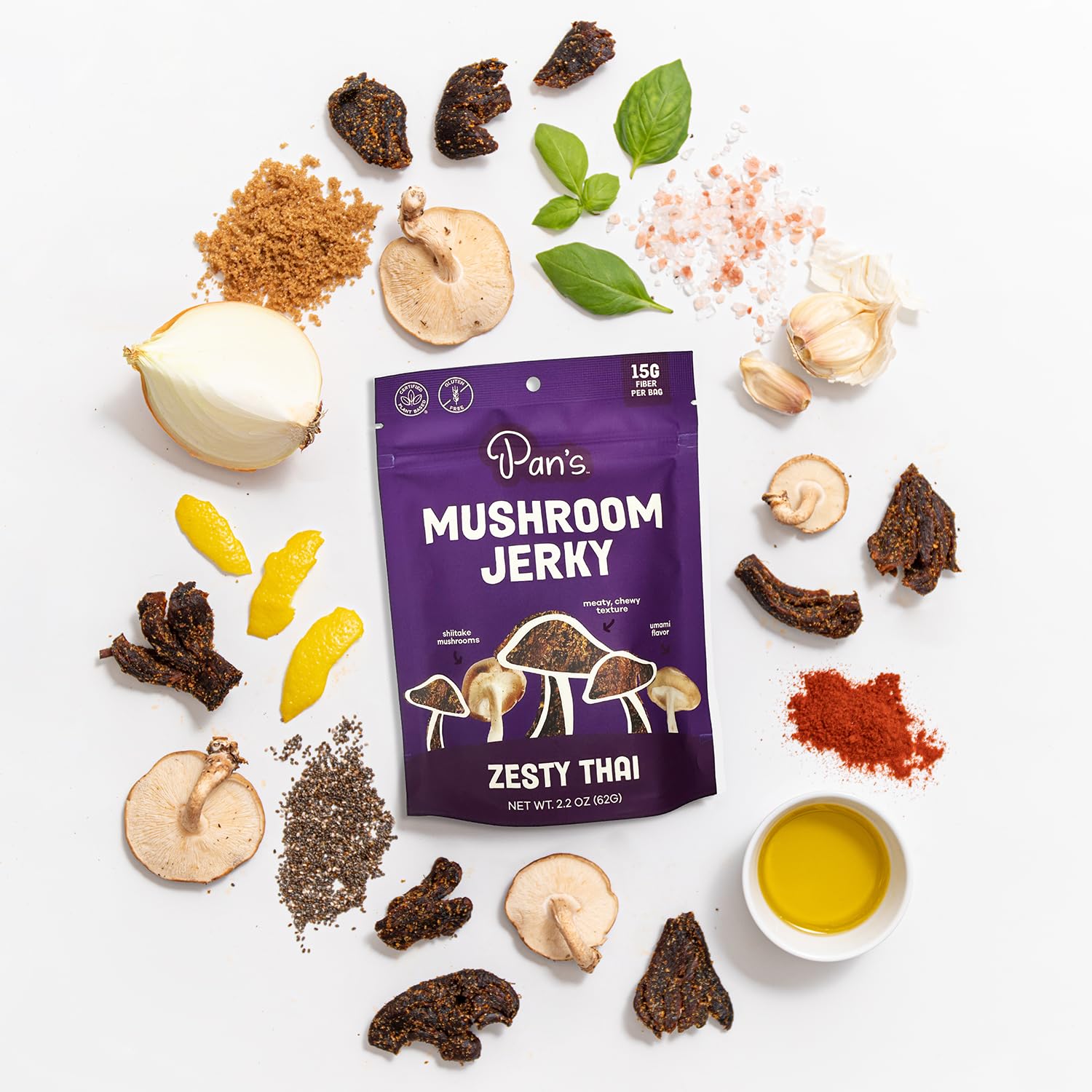 Pan's Mushroom Jerky organic shiitake slices on tasting board, fiber-rich.