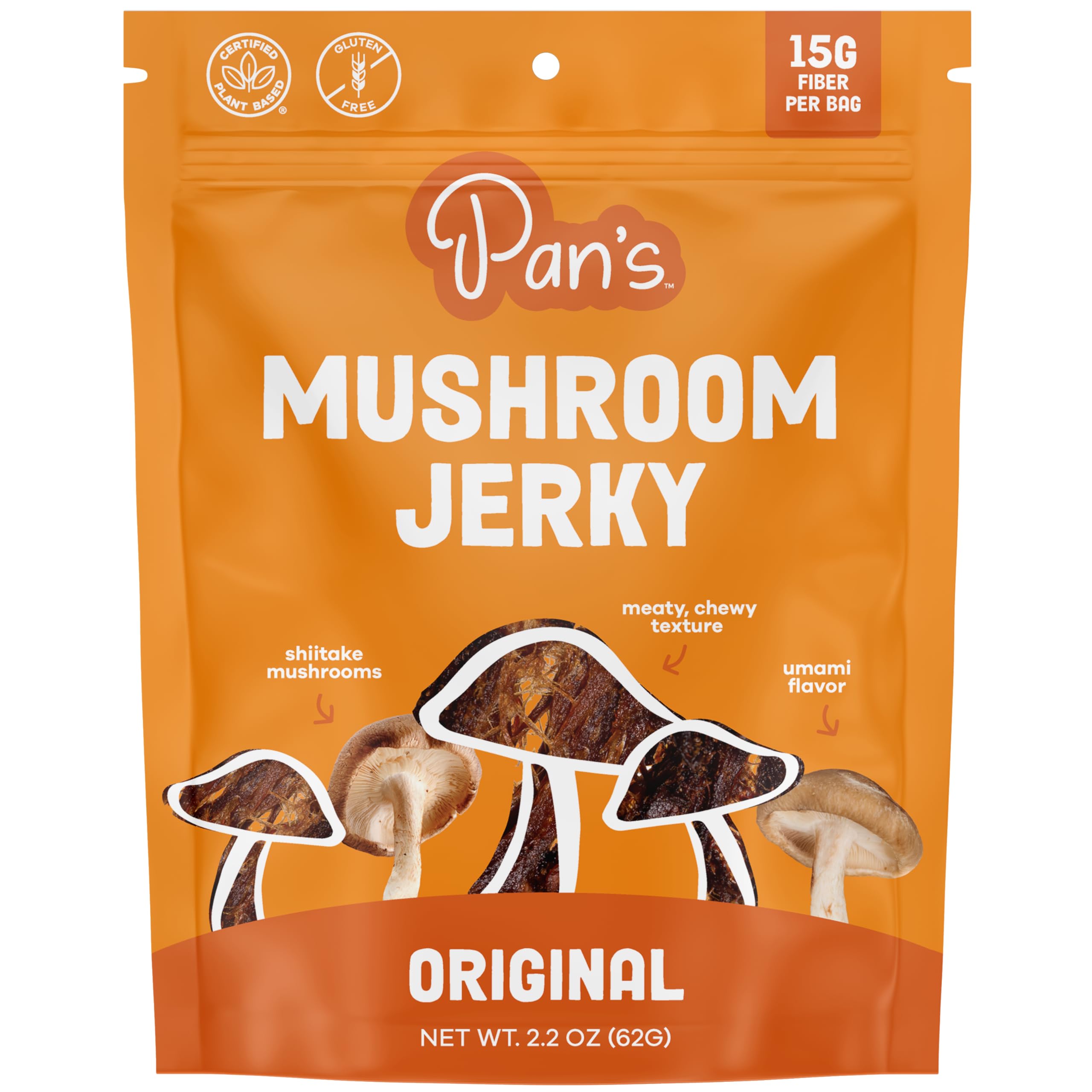 Pan's Mushroom Jerky Original bite showing savory plant-based texture
